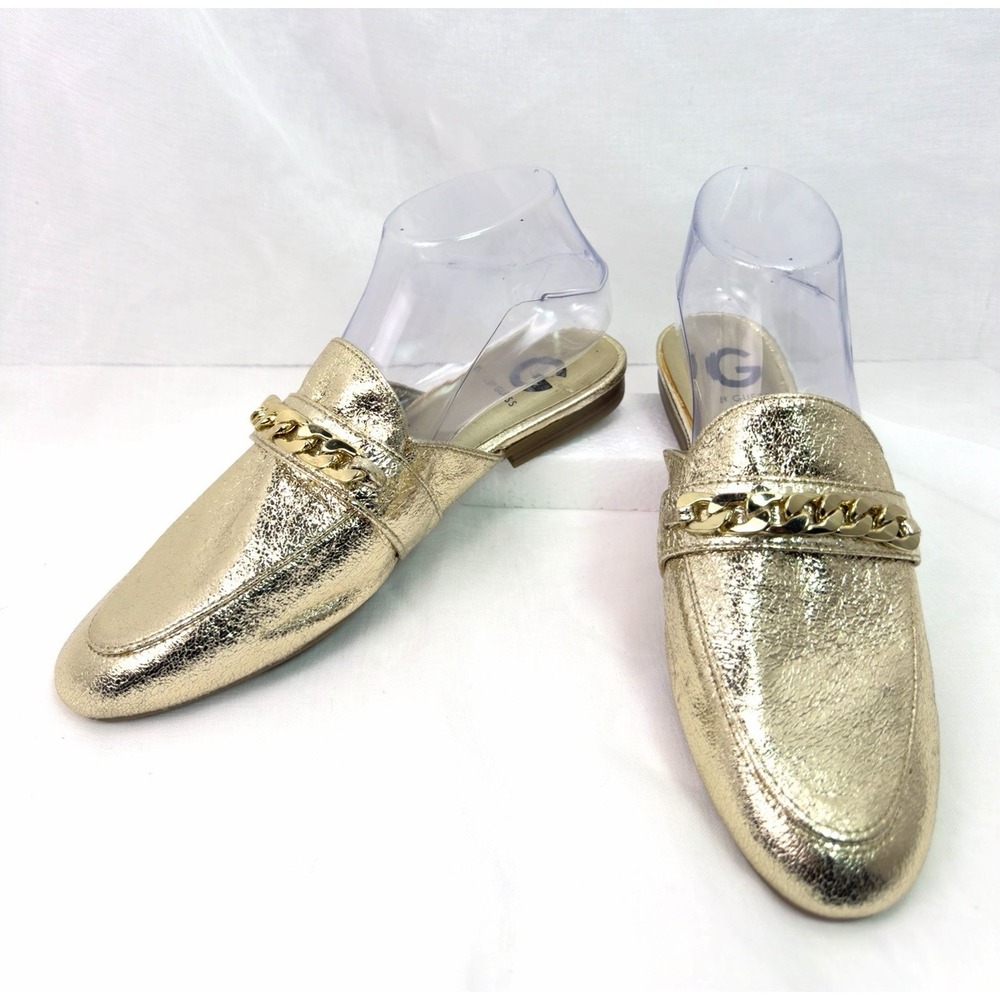 Guess Gold Metallic Chain Mule Loafers Women's 7.5 Slip On Pointed Toe Flats
